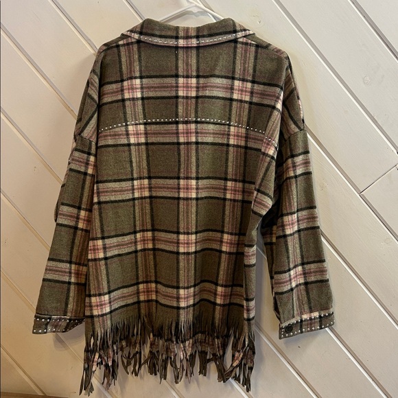 ZARA Green and Pink Plaid Fringe Jacket - Picture 5 of 6